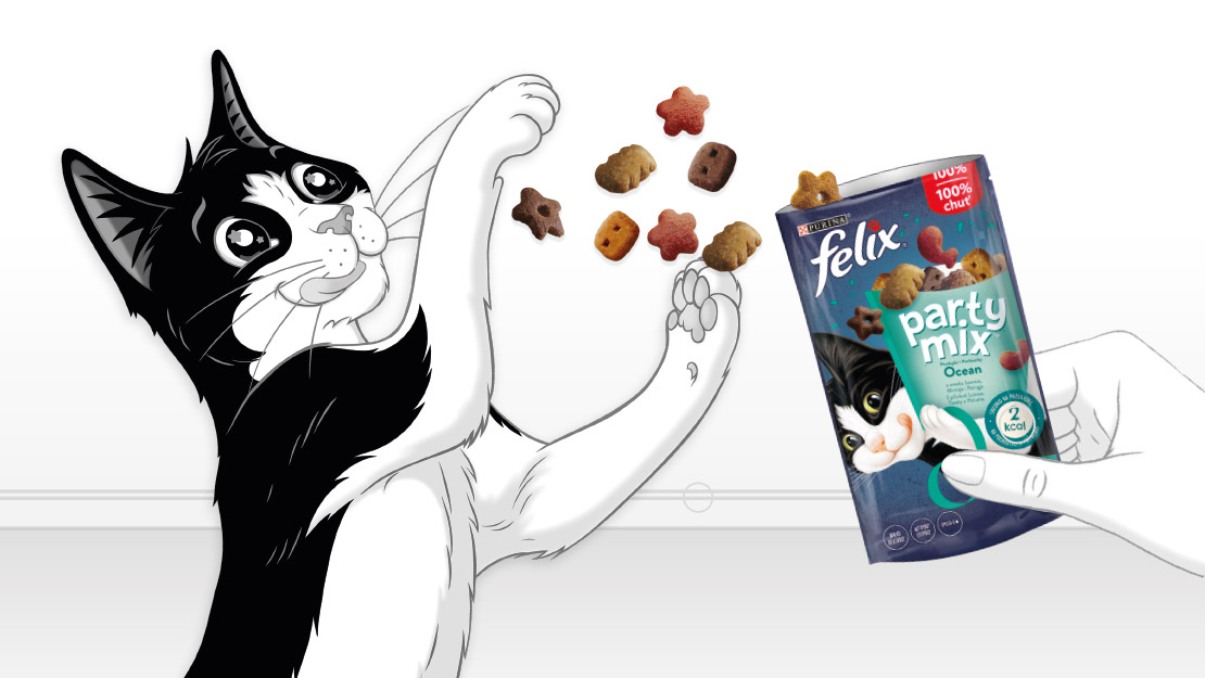 Felix Party Mix jutalomfalat macska grafika