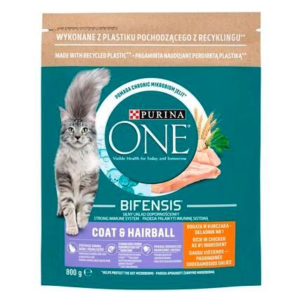 PURINA ONE Coat & Hairball csirkében és teljes kiőrlésű gabonában gazdag száraz eledel felnőtt macskáknak