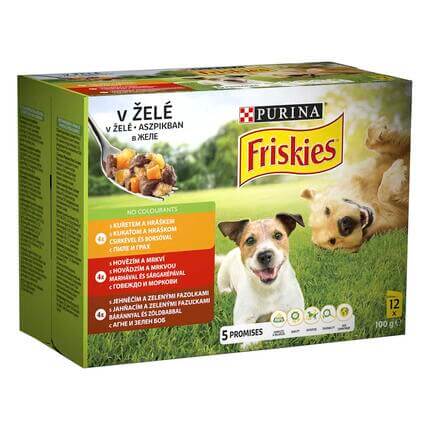 FRISKIES csirkével, marhával, báránnyal aszpikban nedves eledel felnőtt kutyáknak