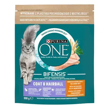 PURINA ONE Coat & Hairball csirkében és teljes kiőrlésű gabonában gazdag száraz eledel felnőtt macskáknak