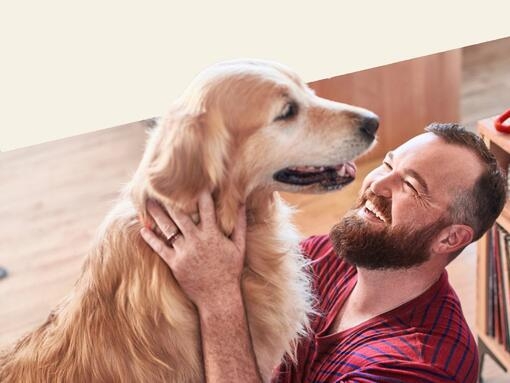 szakállas férfi golden retriever kutyájával boldogan