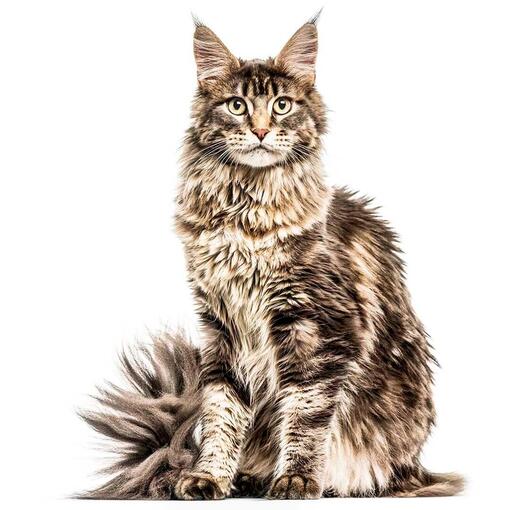 büszke cirmos maine coon fehér háttérrel