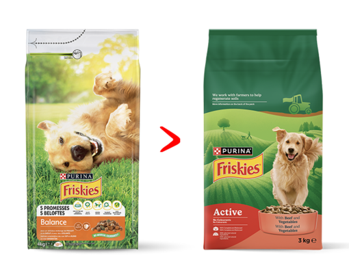 régi és megújult FRISKIES kutyaeledel csomagolás