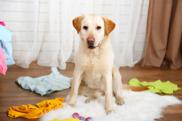 labrador ül körülötte rongyokkal a padlón labrador ül körülötte rongyokkal a padlón